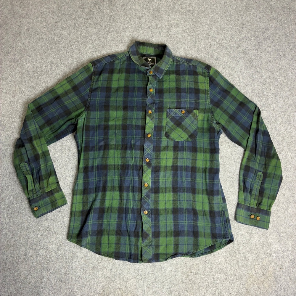 John Partridge Men's Medium Green Blue Plaid Flannel Button Shirt 100% Cotton